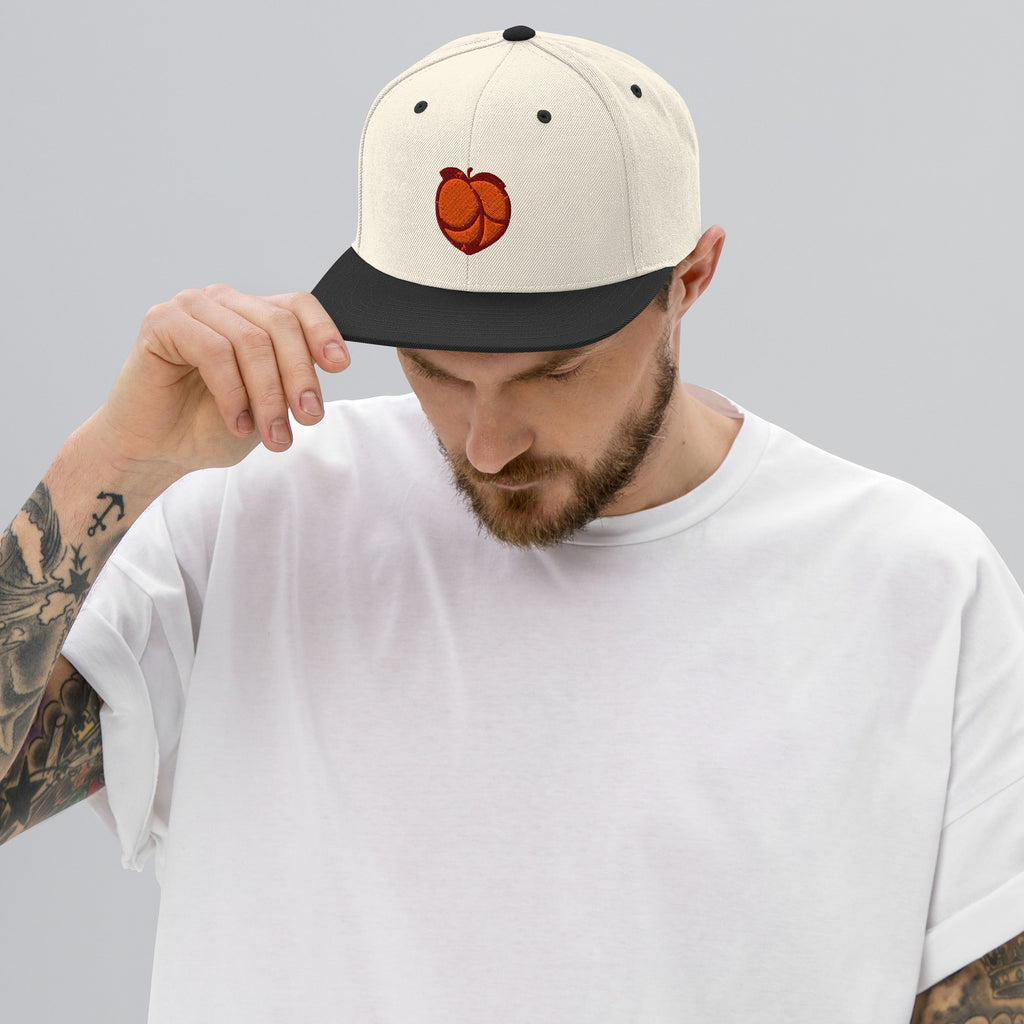 Peach & Love Peach Peace Hat cream and black baseball cap with retro peach peace logo